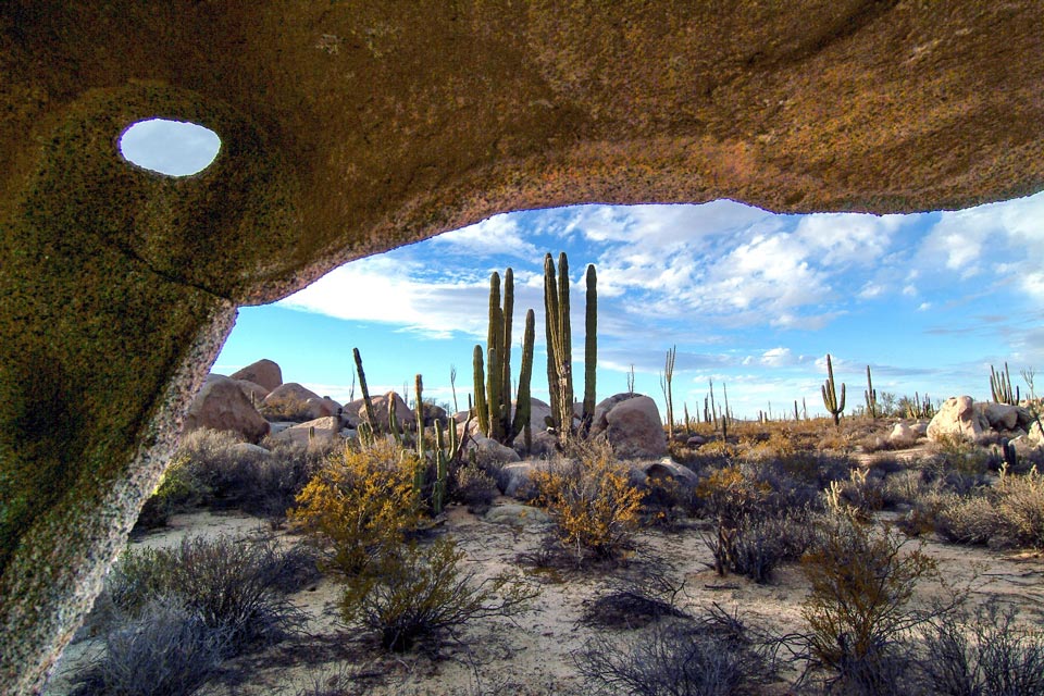 Paysage désertique de cactus et de blocs de granit vu à travers une arche rocheuse, Basse Californie