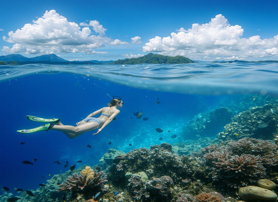Snorkeling au-dessus d'un récif de corail dans des eaux bleues et limpides